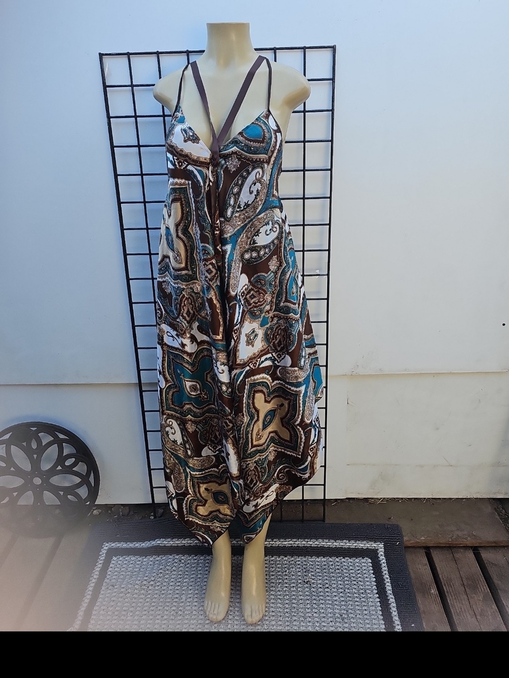 Paisley Print Maxi Dress with Strappy V-Neck in Teal & Brown